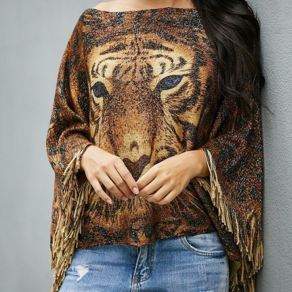 Tiger Fringe Poncho - Picture 1 of 4